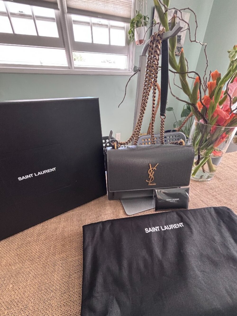 YSL Dark Grey/Gold Medium Sunset Bag (Full Set)